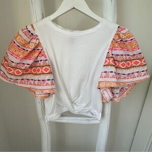 Dolan White Cropped Tee with Vibrant Stitched Poof Sleeves Size M